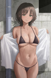 Rule 34 | 1girl, bare shoulders, bikini, black bikini, breasts, brown hair, cleavage, commentary request, cowboy shot, dark-skinned female, dark skin, green eyes, groin, highres, large breasts, legs together, looking at viewer, navel, open clothes, open shirt, original, parted bangs, parted lips, revision, shadow, shirt, short hair, sidelocks, skindentation, solo, stomach, string bikini, swimsuit, taniguchi daisuke (surumenium), thighs, undressing, wall, white shirt, window