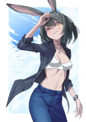 Rule 34 | 1girl, ;), animal ears, arm up, artworks/80436175, black hair, black shirt, blue sky, blush, border, breasts, brown choker, choker, cleavage, closed mouth, cloud, collared shirt, cowboy shot, dark-skinned female, dark skin, day, denim, jeans, jewelry, long sleeves, navel, necklace, one eye closed, open clothes, open shirt, orange eyes, original, outside border, pants, rabbit ears, rabbit girl, saiste, shirt, short hair, sky, small breasts, smile, solo, sports bra, stomach, thigh gap, unbuttoned, white border, wristband