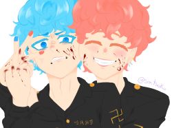 Rule 34 | 2boys, ^ ^, absurdres, angry, blood, blood on face, blood on hands, blue eyes, blue hair, blush, brothers, closed eyes, earrings, closed eyes, fangs, grin, hand on another&#039;s shoulder, highres, hug, hug from behind, jewelry, kawata nahoya, kawata souya, lips, middle finger, multiple boys, nail polish, nosebleed, piercing, pink hair, self-upload, siblings, signature, smile, so.tsuka, swastika, tokyo revengers, v, v over eye, white background