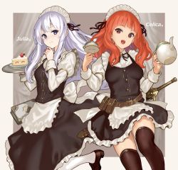 Rule 34 | 2girls, alternate costume, belt, belt pouch, book, cake, cake slice, celica (fire emblem), character name, circlet, closed mouth, cup, fire emblem, fire emblem: genealogy of the holy war, fire emblem echoes: shadows of valentia, food, hiyashiru, holding, holding plate, holding teapot, julia (fire emblem), long hair, long sleeves, maid, maid headdress, multiple girls, nintendo, open mouth, plate, pouch, purple eyes, purple hair, red eyes, red hair, scabbard, sheath, sheathed, smile, sword, teacup, teapot, thighhighs, weapon, white legwear