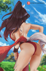 Rule 34 | 1girl, araneesama, ass, back, bare shoulders, blue sky, breasts, brown hair, dress, fatal fury, high ponytail, highres, large breasts, long hair, pelvic curtain, red dress, shiranui mai, short dress, sideboob, sky, solo, the king of fighters, thighs