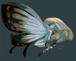 Rule 34 | 1girl, aerie (bravely default), bare shoulders, black footwear, black gloves, black thighhighs, bravely default: flying fairy, bravely default (series), brown eyes, butterfly wings, dress, fairy, from side, full body, gloves, grey background, grey hair, insect wings, long hair, looking at viewer, michelle pao, pointy ears, short dress, simple background, smile, solo, strapless, strapless dress, thigh strap, thighhighs, white dress, wings