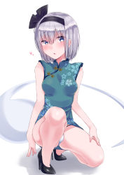 Rule 34 | 1girl, alternate costume, bare arms, bare legs, bare shoulders, black footwear, black hairband, black ribbon, blue eyes, blush, breasts, china dress, chinese clothes, commentary request, dress, floral print, green dress, hair between eyes, hair ribbon, hairband, heart, high heels, highres, hitodama, konpaku youmu, konpaku youmu (ghost), looking at viewer, otowa (otoha4634), panties, parted lips, ribbon, shadow, short dress, short hair, silver hair, sleeveless, sleeveless dress, small breasts, solo, squatting, thighs, touhou, underwear, white panties