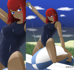 Rule 34 | blue theme, red hair, swimsuit, tagme, tan, tanline