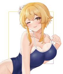 Rule 34 | 1girl, :p, adjusting strap, bare arms, blonde hair, blue one-piece swimsuit, blush, breasts, cleavage, collarbone, eyebrows hidden by hair, flower, genshin impact, hair between eyes, hair flower, hair ornament, hibiscus, highres, large breasts, looking at viewer, lumine (genshin impact), one-piece swimsuit, one eye closed, orange eyes, out of frame, rea loixacra, school swimsuit, short hair, smile, solo, swimsuit, tongue, tongue out, wet, wet clothes, wet swimsuit, white flower