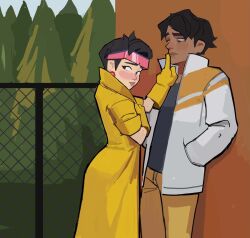 1boy 1girl against_wall amugea black_hair blush coat earrings eyewear_on_head hetero jacket jewelry jubilee marvel pine_tree roberto_da_costa short_hair sunglasses tree white_jacket x-men x-men:_the_animated_series x-men_&#039;97 yellow_coat