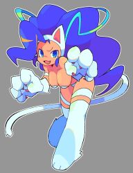 Rule 34 | 1girl, animal ears, animal hands, bacun, big hair, blue eyes, blue hair, breasts, cat ears, cat girl, cat paws, cat tail, claw pose, claws, cleavage, commentary, english commentary, fangs, felicia (vampire), full body, fur, highres, large breasts, leaning forward, looking at viewer, open mouth, simple background, smile, solo, tail, vampire (game), white fur
