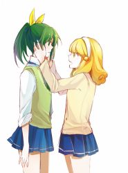 Rule 34 | 10s, 2girls, blonde hair, blush, cardigan, eye contact, green eyes, green hair, hairband, hands on another&#039;s cheeks, hands on another&#039;s face, kazhi, kise yayoi, looking at another, midorikawa nao, multiple girls, ponytail, precure, school uniform, short hair, simple background, sleeves rolled up, smile precure!, white background, white hairband, yellow eyes, yuri