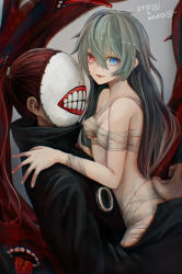 Rule 34 | 1boy, 1girl, absurdres, bandaged arm, bandages, bare shoulders, blue eyes, breasts, budget sarashi, character name, collarbone, commentary request, eto (tokyo ghoul), fang, gradient background, grey background, heterochromia, highres, hug, huge filesize, kagune (tokyo ghoul), long hair, long sleeves, looking at viewer, lower teeth only, mask, medium breasts, noro (tokyo ghoul), open mouth, ponytail, red eyes, red hair, sarashi, smile, straw like, teeth, teeth print, tentacles, tokyo ghoul, tongue, tongue out