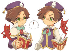 Rule 34 | !, 2boys, book, brown hair, clone, cropped torso, demon, glasses, green eyes, hat, holding, holding book, karatou, klug (puyopuyo), looking at another, multiple boys, open book, purple hat, purple vest, puyopuyo, puyopuyo fever, shirt, short hair, simple background, spoken exclamation mark, vest, white background, white shirt, wing hat ornament