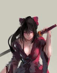 Rule 34 | 1girl, black bra, bow, bra, breasts, cleavage, closed mouth, commentary request, hair bow, japanese clothes, katana, kimono, large breasts, long hair, looking at viewer, noccu, noihara himari, omamori himari, ponytail, purple eyes, sketch, solo, sword, underwear, very long hair, weapon