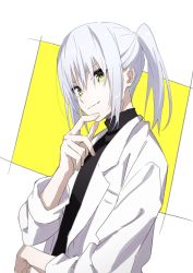 Rule 34 | 1girl, black shirt, closed mouth, commentary request, grey hair, hair between eyes, hand up, highres, jacket, long sleeves, looking at viewer, open clothes, open jacket, original, ponytail, shirt, smile, solo, tama (tama-s), turtleneck, two-tone background, upper body, white background, white jacket, yellow background, yellow eyes