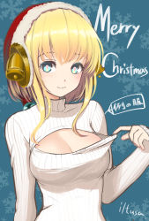 Rule 34 | 1girl, artist name, bell, blonde hair, blue background, blue eyes, blush, breasts, christmas, cleavage, cleavage cutout, clothes pull, clothing cutout, hat, highres, iltusa, looking at viewer, medium breasts, meme attire, merry christmas, open-chest sweater, price tag, pulling own clothes, ribbed sweater, santa hat, short hair with long locks, snowflake print, solo, sweater, sweater pull, turtleneck, upper body