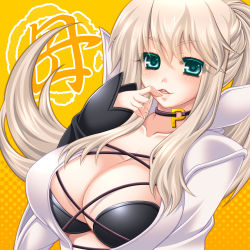 Rule 34 | 1girl, aqua eyes, player character (mabinogi), blonde hair, blush, breasts, choker, cleavage, collarbone, finger to mouth, hakoiri nyanko, halftone, halftone background, huge breasts, long hair, looking at viewer, mabinogi, nao (mabinogi), open mouth, original, parted lips, ponytail, solo, tongue, upper body