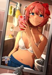 Rule 34 | 1girl, absurdres, attempted suicide, bare shoulders, bathroom, blue eyes, bow, breasts, closed mouth, collarbone, commentary, contrapposto, doki doki literature club, electrical outlet, english commentary, hair between eyes, hair bow, hair intakes, highres, holding, holding phone, khyle., looking at viewer, medium breasts, mirror, open clothes, open skirt, panties, unworn panties, phone, pink hair, red bow, reflection, ribbon, sayori (doki doki literature club), selfie, short hair, skirt, smile, solo, sticker, tile wall, tiles, toaster, toilet, underwear