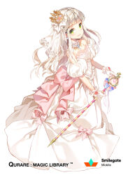 Rule 34 | 1girl, back bow, bow, bridal veil, bride, company name, copyright name, crown, detached sleeves, dress, dress bow, earrings, flower trim, full body, gem, gilse, glove bow, gloves, gown, green eyes, grey hair, holding, holding scepter, jewelry, lace, lace-trimmed dress, lace trim, light blush, long hair, looking at viewer, looking to the side, mini crown, necklace, official art, parted lips, pearl necklace, pink bow, princess, puffy detached sleeves, puffy short sleeves, puffy sleeves, qurare magic library, scepter, short bangs, short sleeves, simple background, smile, solo, standing, strapless, strapless dress, veil, wedding dress, white background, white dress, white gloves, white veil, wispy bangs