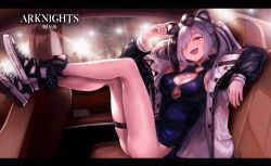 Rule 34 | 1girl, animal ears, arknights, breasts, car interior, china dress, chinese clothes, cleavage, cleavage cutout, clothing cutout, copyright name, dress, eyewear on head, fang, feater (arknights), hair over one eye, head tilt, highres, infection monitor (arknights), ink., large breasts, legs up, letterboxed, multicolored hair, nail polish, one eye closed, panda ears, sitting, solo, streaked hair, sunglasses, thigh strap, thighs, twintails