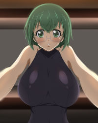 Rule 34 | 1girl, absurdres, black leotard, breasts, glasses, green eyes, green hair, highres, infinite stratos, large breasts, leotard, looking at viewer, macaroni (dontakadx), parted lips, pov, shiny clothes, shiny skin, short hair, skin tight, solo, taut clothes, yamada maya (infinite stratos)