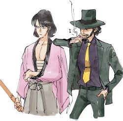 Rule 34 | 2boys, arm on another&#039;s shoulder, arm out of sleeve, beard, black hair, black headwear, black jacket, black pants, black shirt, closed mouth, cropped legs, facial hair, hakama, halorane, highres, holding, holding sheath, ishikawa goemon xiii, jacket, japanese clothes, jigen daisuke, looking ahead, lupin iii, male focus, multiple boys, musical note, necktie, pants, pectoral cleavage, pectorals, sheath, shirt, sketch, smoke trail, white background, yellow necktie