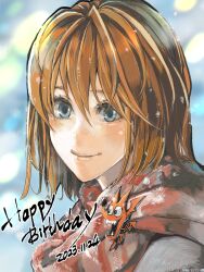 Rule 34 | 1girl, anezaki mamori, badge, blue eyes, blush, brown hair, button badge, closed mouth, dated, eyeshield 21, hair between eyes, happy birthday, highres, looking at viewer, portrait, red scarf, scarf, short hair, smile, snowing, solo, ueda-pix