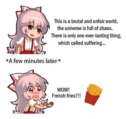 Rule 34 | baggy pants, bags under eyes, before and after, buttons, collared shirt, drooling, food, french fries, fujiwara no mokou, hime cut, jokanhiyou, long hair, pants, red eyes, red pants, shirt, suspenders, touhou, very long hair, white hair, white shirt