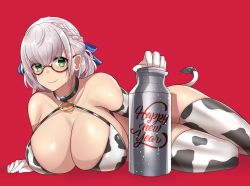 Rule 34 | 1girl, altronage, animal ears, animal print, bikini, blue ribbon, breasts, chinese zodiac, cow print, cow tail, curvy, elbow gloves, fake animal ears, fake tail, glasses, gloves, green eyes, hair ribbon, highres, hololive, huge breasts, large breasts, lying, milk churn, on side, paid reward available, print gloves, red background, paid reward available, ribbon, shirogane noel, short hair, silver hair, smile, swimsuit, tail, thighhighs, thighs, virtual youtuber, year of the ox