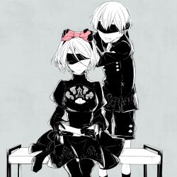 Rule 34 | 1boy, 1girl, blindfold, boots, bow, breasts, cleavage, cleavage cutout, clothing cutout, dress, feather-trimmed sleeves, gloves, grey background, hair bow, hami (lvct), juliet sleeves, long sleeves, medium breasts, mole, mole under mouth, monochrome, nier (series), nier:automata, pink bow, puffy sleeves, short hair, shorts, sitting, spot color, white hair, 2b (nier:automata), 9s (nier:automata)