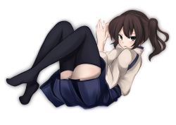Rule 34 | 10s, 1girl, absurdres, black thighhighs, blush, brown hair, frown, highres, kaga (kancolle), kantai collection, kazenoko, looking at viewer, simple background, solo, thighhighs, white background
