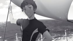 Rule 34 | 1boy, blurry, bright pupils, commentary request, creatures (company), fence, game freak, greyscale, highres, holding, hop (pokemon), looking at viewer, male focus, monochrome, nintendo, outdoors, parted lips, pokemon, pokemon swsh, sankaku, shirt, short hair, short sleeves, smile, solo, t-shirt, upper body, water, wristband