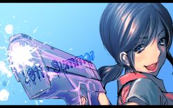 Rule 34 | 10s, 1girl, 2011, black hair, blue eyes, claire redfield, female focus, gradient background, gun, highres, jacket, katou teppei, long hair, looking back, ponytail, resident evil, resident evil 2, solo, weapon