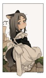 Rule 34 | 1girl, akai sashimi, animal ears, apron, black dress, branch, bush, cat ears, cat tail, closed mouth, collared dress, dot mouth, dress, from behind, grey eyes, grey hair, long sleeves, looking at viewer, maid, maid apron, medium hair, original, rubble, sitting, solo, stone wall, tail, wall