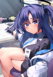Rule 34 | 1girl, absurdres, blue archive, breasts, chair, commentary request, gloves, hair ornament, halo, highres, id card, long hair, looking at viewer, mechanical halo, mechanical pencil, medium breasts, monitor, necktie, pencil, purple eyes, purple hair, school uniform, shumai il, sitting, solo, table, thighs, translation request, uniform, yuuka (blue archive)