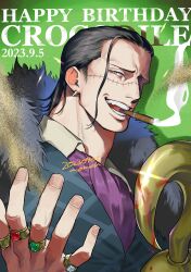Rule 34 | 1boy, absurdres, ascot, black hair, blood, bloody weapon, cigar, collared shirt, crocodile (one piece), evil smile, geokinesis, glint, hair slicked back, hand up, happy birthday, highres, male focus, mature male, momoh jiyucho, one piece, sand, scar, scar on face, scar on nose, shirt, short hair, smile, smoking, solo, stitches, upper body, weapon