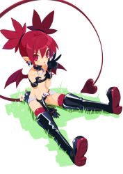 Rule 34 | 1girl, absurdres, bare shoulders, black bra, black footwear, black gloves, boots, bra, breasts, disgaea, earrings, elbow gloves, etna (disgaea), full body, gloves, heart, heart tail, highres, jewelry, looking at viewer, makai senki disgaea, pointy ears, red eyes, red hair, red thighhighs, short hair, simple background, sitting, skirt, skull earrings, slit pupils, small breasts, solo, studded bracelet, tail, thigh boots, thighhighs, thighhighs under boots, twintails, underwear