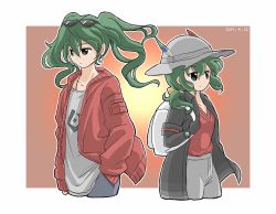 Rule 34 | 2girls, backpack, bag, black jacket, blouse, commentary, crossover, dated, denim, earrings, expressionless, eyewear on head, green eyes, green hair, hand in pocket, hat feather, hatsune miku, helmet, jacket, jeans, jewelry, kaban (kemono friends), kemono friends, kemono friends 2, multiple girls, pants, pith helmet, red jacket, red shirt, shirt, short twintails, shorts, suna no wakusei (vocaloid), sunglasses, tsugumi (aya-3326), twintails, vocaloid, watch, white shirt, wristwatch