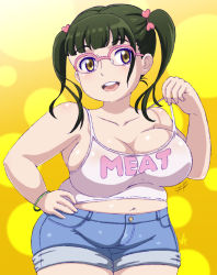 Rule 34 | 1girl, absurdres, bare shoulders, belly, black hair, blush, breasts, brown eyes, bursting belly, bursting breasts, cleavage, fat, female focus, glasses, green hair, hand on own hip, highres, huge breasts, large breasts, looking at viewer, navel, nikuko (galko), open mouth, oshiete! galko-chan, plump, short shorts, shorts, sideboob, smile, solo, undersized clothes, vzmk2