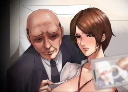 Rule 34 | 1boy, 1girl, bald, binaru, black neckwear, breasts, brown eyes, brown hair, camera, cellphone, cleavage, collared shirt, dress shirt, formal, holding, holding phone, indoors, lanyard, large breasts, looking down, office, office lady, old, old man, original, parted bangs, parted lips, phone, fake phone screenshot, pink lips, shirt, short hair, smartphone, suit, sweat, taking picture, white shirt
