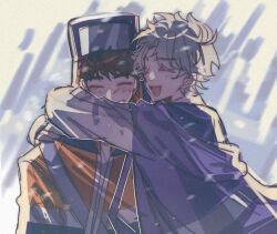 2boys blonde_hair blue_jacket blush bosko_winnie closed_eyes cold_front happy jacket male_focus multiple_boys orange_jacket orlov_augustine short_hair smile smiley_face visual_novel white_background