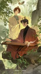 Rule 34 | 2boys, absurdres, bird, black hair, brown eyes, brown hair, chinese clothes, chinese text, hanfu, highres, huanying xiaciguanglin, instrument, long sleeves, male focus, multiple boys, music, original, plant, playing instrument, robe, rock, sitting, smile, sparrow, zither