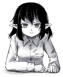Rule 34 | 1girl, black hair, breasts, buttons, closed mouth, collared shirt, commentary request, greyscale, highres, long sleeves, looking at viewer, medium hair, messy hair, monochrome, peroponesosu., pointy ears, shameimaru aya, shirt, small breasts, solo, touhou, white shirt