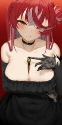 Rule 34 | 1girl, absurdres, bare shoulders, between breasts, black choker, black dress, black gloves, blush, breasts, choker, collarbone, dress, frills, gloves, grin, hair bun, heterochromia, highres, hololive, houshou marine, large breasts, long hair, multicolored hair, off-shoulder dress, off shoulder, official alternate hairstyle, ponnu (nikeytina), red background, red eyes, red hair, smile, solo, streaked hair, virtual youtuber, wand, yellow eyes