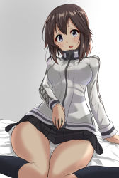 Rule 34 | 1girl, bed, beer can, black legwear, black skirt, breasts, brown hair, can, commentary request, drink can, grey eyes, hayasui (kancolle), highres, indoors, jacket, kantai collection, looking at viewer, medium breasts, miniskirt, pleated skirt, shiba (zudha), shirt, short hair, sitting, skirt, solo, upskirt, wariza, white shirt