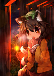 Rule 34 | 1girl, alternate costume, animal ears, blush, brown eyes, brown hair, cat ears, cat girl, cat tail, chen, coat, cold, female focus, hat, highres, koha, lens flare, mittens, multiple tails, scarf, short hair, solo, sunset, tail, torii, touhou, winter clothes