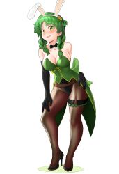Rule 34 | 1girl, alternate costume, animal ears, bare shoulders, black gloves, black leotard, black pantyhose, blush, bow, bowtie, breasts, cleavage, collarbone, commission, detached collar, elbow gloves, embarrassed, fake animal ears, fire emblem, fire emblem: the blazing blade, flower, gloves, green eyes, green hair, hair flower, hair ornament, high heels, highleg, highleg leotard, highres, large breasts, leotard, nintendo, open mouth, pantyhose, playboy bunny, rabbit ears, rebecca (fire emblem), redbug, simple background, solo, strapless, strapless leotard, twintails, white background