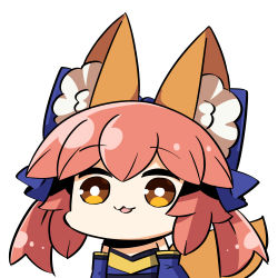 Rule 34 | 1girl, :3, absurdres, animal ear fluff, animal ears, blue bow, blue kimono, bow, chibi, commentary request, detached sleeves, fate/extra, fate (series), fox ears, fox girl, fox tail, hair between eyes, hair bow, highres, japanese clothes, kimono, long hair, long sleeves, looking at viewer, open mouth, pink hair, plover, portrait, sidelocks, simple background, solo, split ponytail, tail, tamamo (fate), tamamo no mae (fate/extra), white background, yellow eyes