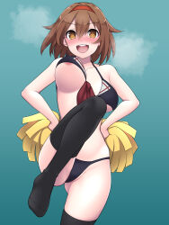 Rule 34 | 1girl, areola slip, bare shoulders, black thighhighs, brown hair, cheerleader, covered pussy, green background, hairband, highres, holding, holding pom poms, kantai collection, leg up, majin (marcia), orange eyes, paid reward available, pom pom (cheerleading), pom poms, red hairband, sailor bikini, sailor collar, shiratsuyu (kancolle), short hair, simple background, solo, thighhighs