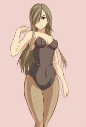 Rule 34 | 00s, 1girl, bare shoulders, blue eyes, breasts, brown hair, colorized, covered navel, fishnet pantyhose, fishnets, grundy, hair over one eye, leotard, long hair, pantyhose, parted bangs, small breasts, solo, swept bangs, tales of (series), tales of the abyss, tear grants