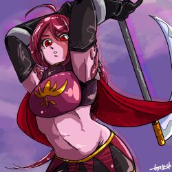 1girl armor black_gloves colored_skin facial_mark gloves golden_sun highres holding holding_scythe horns karst_(golden_sun) lips looking_at_viewer midriff pink_hair pink_skin pointy_ears red_eyes scales scythe short_hair skirt solo tirinyu