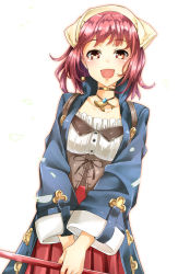 Rule 34 | 1girl, :d, atelier (series), atelier sophie, blue coat, brown eyes, choker, coat, collarbone, corset, highres, holding, holding staff, long sleeves, looking at viewer, nakano maru, open mouth, pleated skirt, red hair, red skirt, shirt, short hair, simple background, skirt, smile, solo, sophie neuenmuller, staff, standing, white background, white shirt