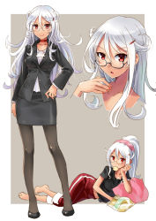 Rule 34 | 1girl, barefoot, black footwear, black shirt, black skirt, breasts, business suit, character sheet, chips (food), choker, collar, collarbone, eating, feet, fingernails, food, formal, glasses, grey background, hair ornament, hairband, hairclip, hand on own hip, head rest, katahira masashi, long hair, looking at viewer, lying, messy hair, miniskirt, multiple views, nail polish, office lady, on side, original, pants, pantyhose, pencil skirt, pillow, ponytail, red eyes, shirt, shoes, silver hair, simple background, skirt, skirt suit, standing, suit, t-shirt, track pants